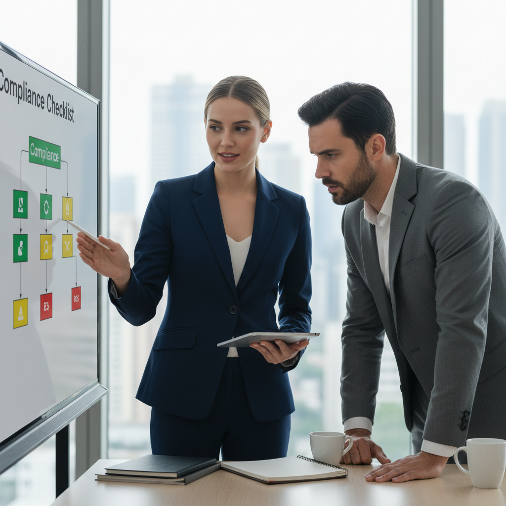 Consultant présentant une checklist de conformité pour prévention des risques.