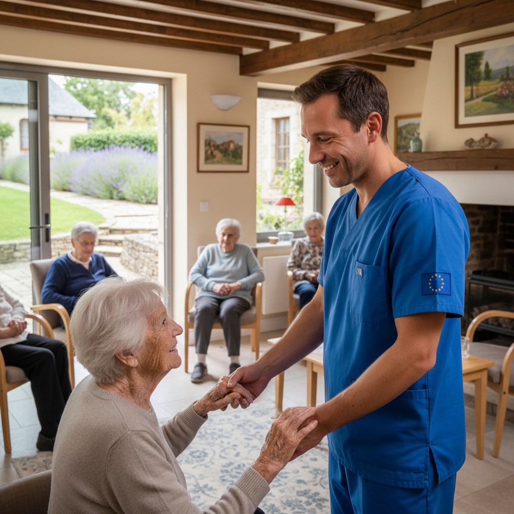 Aide-soignant européen aide une personne âgée en maison de retraite française.
