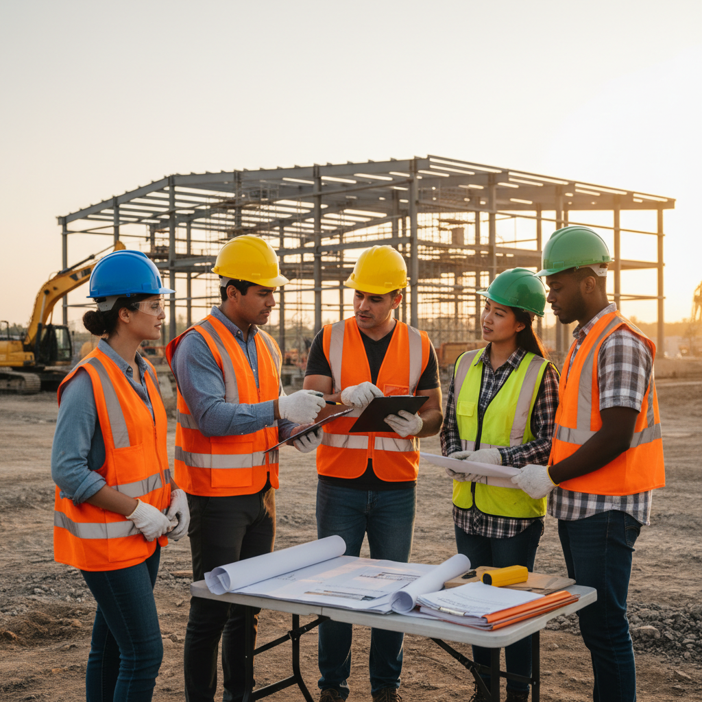 Inspecteur vérifiant les documents sur un chantier de construction.